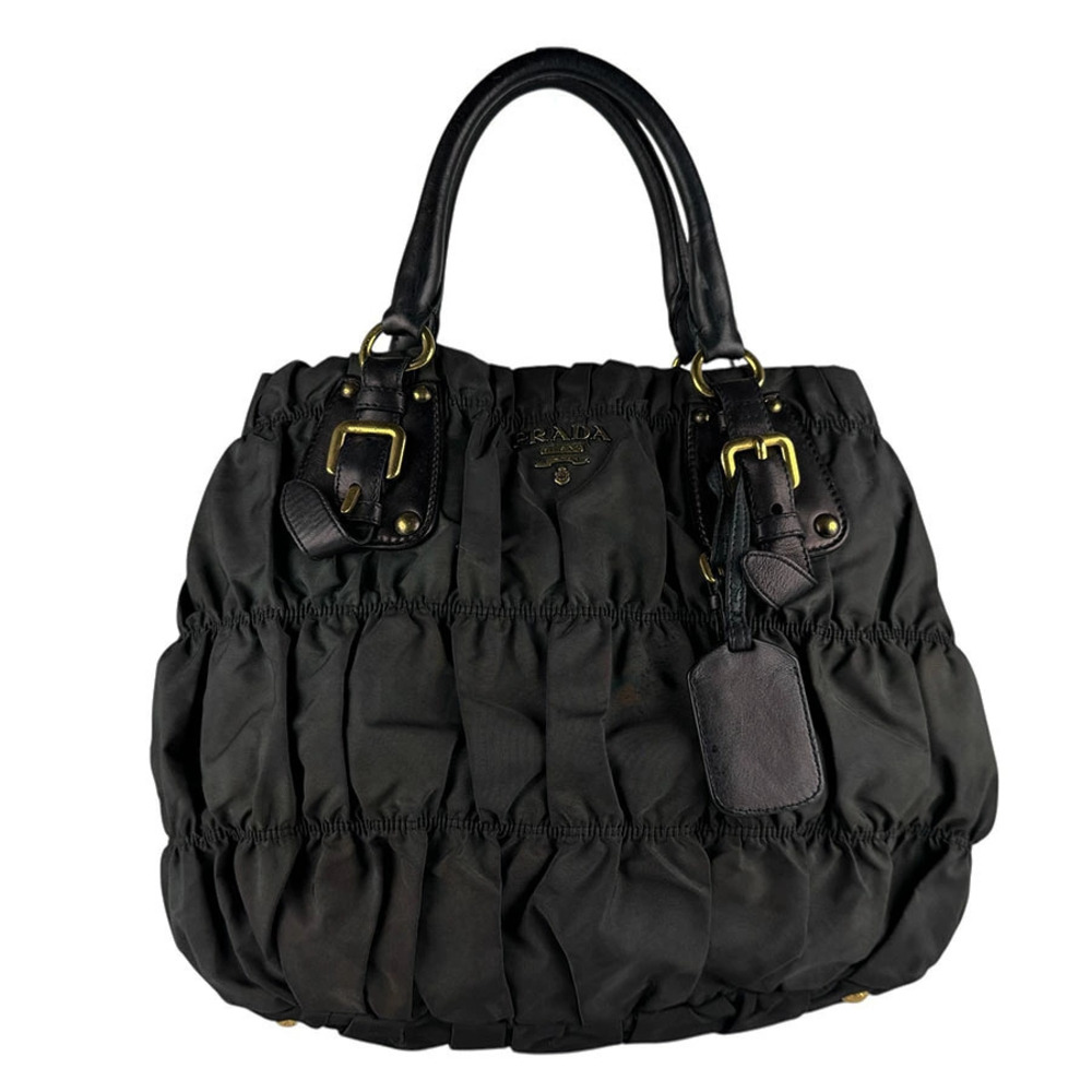 Prada Arque Vitello Daino Leather Hobo Shoulder Bag Green Black